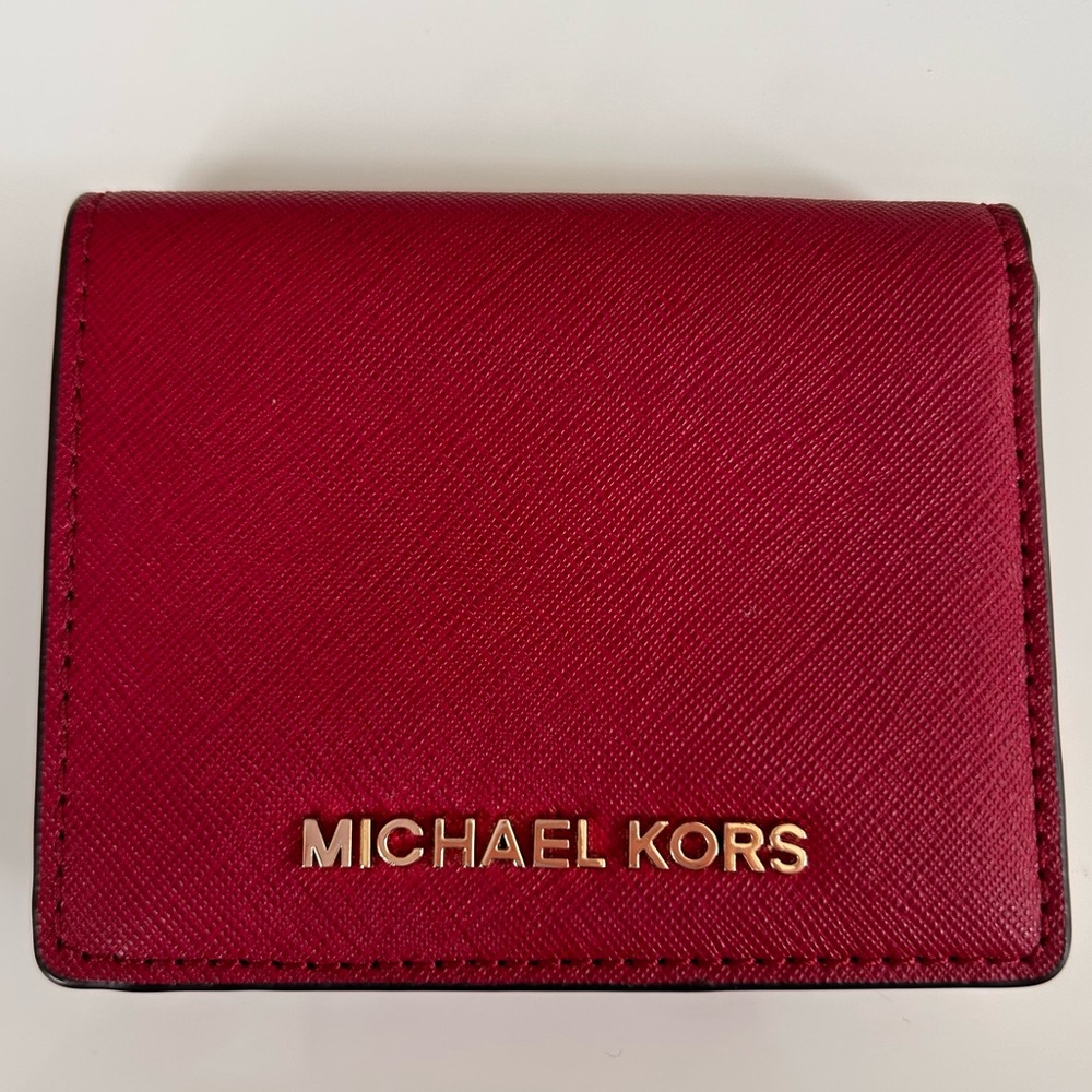 Michael Kors compact red saffiano leather wallet 3 card slots bill compartment